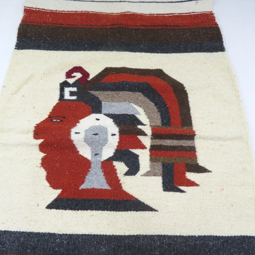 Mexican Style Woven Rug Wall Hanging- Aztec Chief Warrior 25 X 62 Vintage